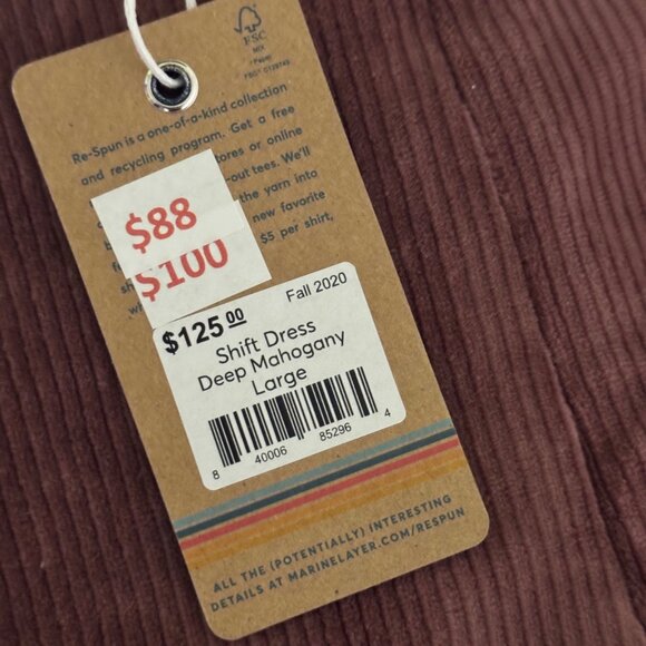 Marine Layer Re-Spun Deep Mahogany Corduroy Shift Dress W/ Pockets size Large - Picture 6 of 12